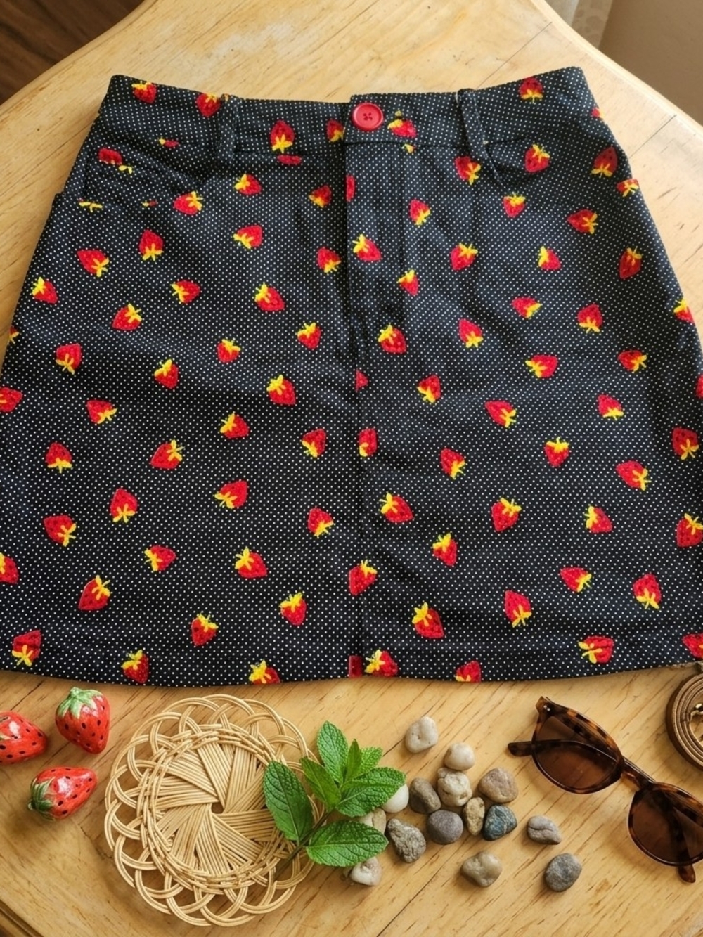 Motel Rocks Strawberry Polka Dot Denim Mini Skirt | Size XS Black Red Festival